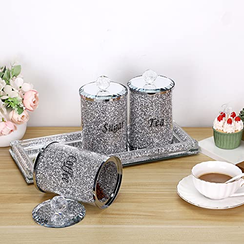 JUXYES Set of 4 Sparky Glass Crushed Diamonds Canisters Set for Sugar Coffee Tea Features Tray, Luxurious Storage Containers Sets with Lids Decorative Storage Pots for Kitchen Counter Dining Room