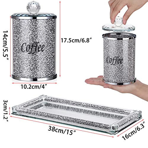 JUXYES Set of 4 Sparky Glass Crushed Diamonds Canisters Set for Sugar Coffee Tea Features Tray, Luxurious Storage Containers Sets with Lids Decorative Storage Pots for Kitchen Counter Dining Room