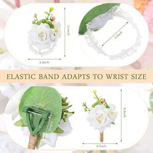 Sherr 20 Pcs Rose Wrist Corsage and Boutonnier Set Flower Wrist Corsage Wristlet Band Bracelet Wedding Bridegroom Men's Boutonniere Wristlet Hand Flower for Wedding Bouquets Supplies (White)