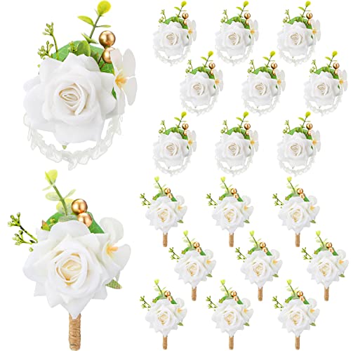 Sherr 20 Pcs Rose Wrist Corsage and Boutonnier Set Flower Wrist Corsage Wristlet Band Bracelet Wedding Bridegroom Men's Boutonniere Wristlet Hand Flower for Wedding Bouquets Supplies (White)