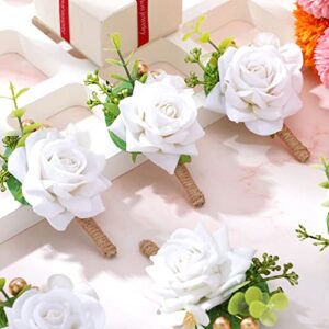 Sherr 20 Pcs Rose Wrist Corsage and Boutonnier Set Flower Wrist Corsage Wristlet Band Bracelet Wedding Bridegroom Men's Boutonniere Wristlet Hand Flower for Wedding Bouquets Supplies (White)