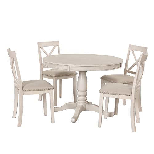 Voohek Kitchen Dining Set, 5-Piece Round Wood Table and Chair, Classic Family Furniture for Dinette, Compact Space, Antique White