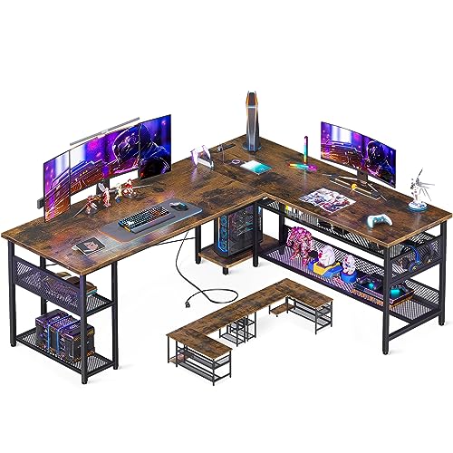 ODK 66" L Shaped Desk with Power Outlet and USB Charging Ports, Reversible L Shaped Computer Desk with Storage Shelves, Home Office Desk, Gaming Desk, Corner Desk, Vintage