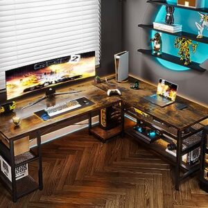 ODK 66" L Shaped Desk with Power Outlet and USB Charging Ports, Reversible L Shaped Computer Desk with Storage Shelves, Home Office Desk, Gaming Desk, Corner Desk, Vintage