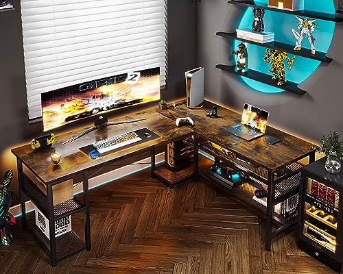 ODK 66" L Shaped Desk with Power Outlet and USB Charging Ports, Reversible L Shaped Computer Desk with Storage Shelves, Home Office Desk, Gaming Desk, Corner Desk, Vintage