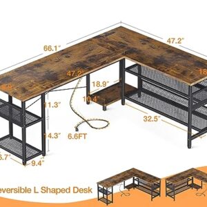 ODK 66" L Shaped Desk with Power Outlet and USB Charging Ports, Reversible L Shaped Computer Desk with Storage Shelves, Home Office Desk, Gaming Desk, Corner Desk, Vintage