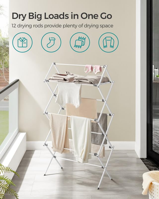 SONGMICS Foldable Clothes Drying Rack, Laundry Drying Rack, Clothes Airer, Steel Frame, 14.6 x 29.5 x 53.2 Inches, Easy Assembly, Indoor Outdoor Use, White ULLR770W01