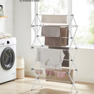 SONGMICS Foldable Clothes Drying Rack, Laundry Drying Rack, Clothes Airer, Steel Frame, 14.6 x 29.5 x 53.2 Inches, Easy Assembly, Indoor Outdoor Use, White ULLR770W01