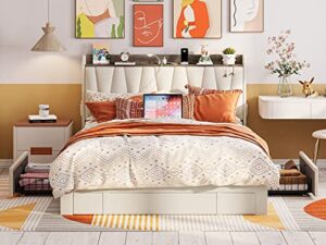 anctor full size bed frame with 3 drawers, upholstered platform bed with storage headboard and charging station, no box spring needed, easy assembly