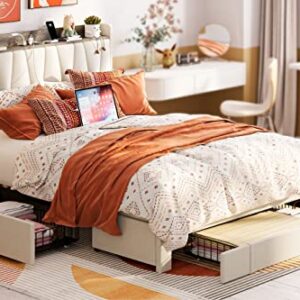 ANCTOR Full Size Bed Frame with 3 Drawers, Upholstered Platform Bed with Storage Headboard and Charging Station, No Box Spring Needed, Easy Assembly