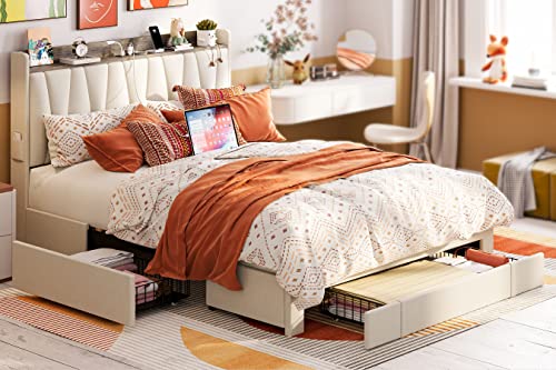 ANCTOR Full Size Bed Frame with 3 Drawers, Upholstered Platform Bed with Storage Headboard and Charging Station, No Box Spring Needed, Easy Assembly