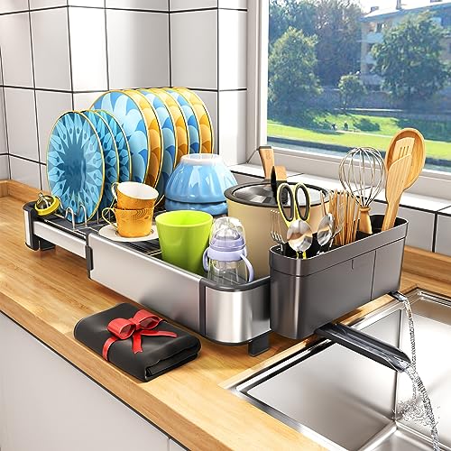 Aluminum Dish Drying Rack for Kitchen Counter - Rustproof Large Dish Racks, Expandable Sink Dish Strainers with Utensil Holder and Drainboard, Silver