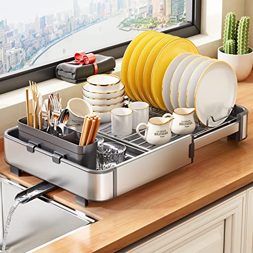 Aluminum Dish Drying Rack for Kitchen Counter - Rustproof Large Dish Racks, Expandable Sink Dish Strainers with Utensil Holder and Drainboard, Silver