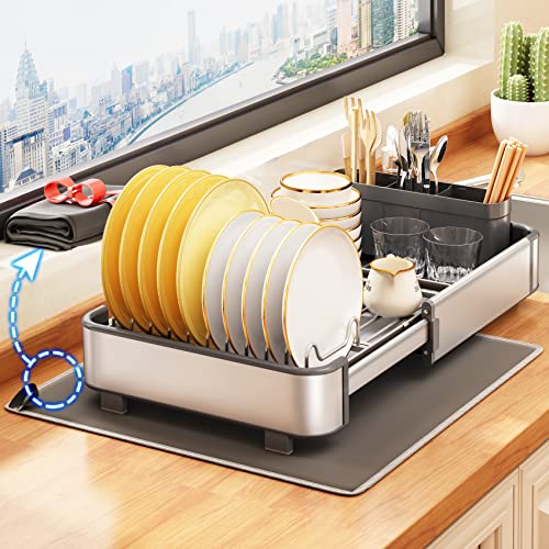 Aluminum Dish Drying Rack for Kitchen Counter - Rustproof Large Dish Racks, Expandable Sink Dish Strainers with Utensil Holder and Drainboard, Silver