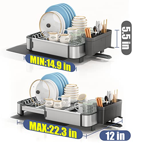 Aluminum Dish Drying Rack for Kitchen Counter - Rustproof Large Dish Racks, Expandable Sink Dish Strainers with Utensil Holder and Drainboard, Silver
