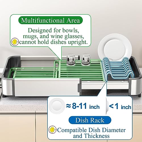 Aluminum Dish Drying Rack for Kitchen Counter - Rustproof Large Dish Racks, Expandable Sink Dish Strainers with Utensil Holder and Drainboard, Silver