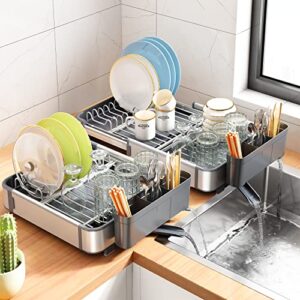 Aluminum Dish Drying Rack for Kitchen Counter - Rustproof Large Dish Racks, Expandable Sink Dish Strainers with Utensil Holder and Drainboard, Silver