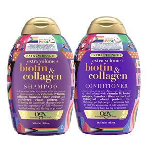ogx thick & full + biotin & collagen extra strength volumizing shampoo + conditioner with vitamin b7 & hydrolyzed wheat protein for fine hair, 13 fl oz, pack of 2