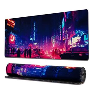 ovenbird large gaming mouse pad with stitched edges, cyberpunk neon city desk mat, extended xl mousepad with anti-slip base, cool desk pad for keyboard and mouse, 31.5 x 11.8 in, black