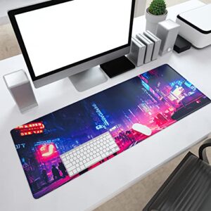 Ovenbird Large Gaming Mouse Pad with Stitched Edges, Cyberpunk Neon City Desk Mat, Extended XL Mousepad with Anti-Slip Base, Cool Desk Pad for Keyboard and Mouse, 31.5 x 11.8 in, Black