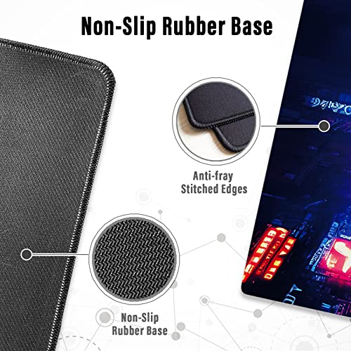 Ovenbird Large Gaming Mouse Pad with Stitched Edges, Cyberpunk Neon City Desk Mat, Extended XL Mousepad with Anti-Slip Base, Cool Desk Pad for Keyboard and Mouse, 31.5 x 11.8 in, Black