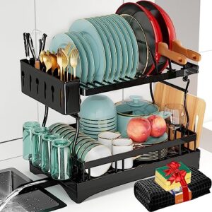 dish drying rack,2 tier dish racks for kitchen counter,rustproof stainless steel large dish rack with drainboard dish drying mat dish drainer organizer with utensil holder cup pot (16.7*12.7*16 in)