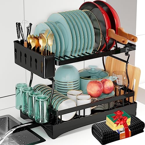 Dish Drying Rack,2 Tier Dish Racks for Kitchen Counter,Rustproof Stainless Steel Large Dish Rack with Drainboard Dish Drying Mat Dish Drainer Organizer with Utensil Holder Cup Pot (16.7*12.7*16 IN)