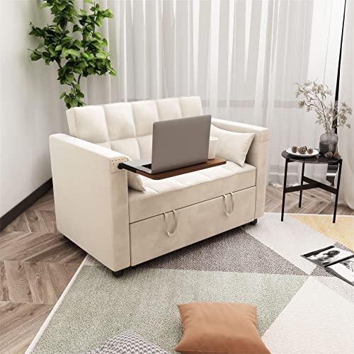 wirrytor 3 in 1 Multi-Functional Convertible Sleeper Sofa Bed, Modern Loveseat Sofa Couch Velvet Pull Out Bed with Reclining Adjustable Backrest &Hidden Table for Apartment Living Room Bedroom(Beige)
