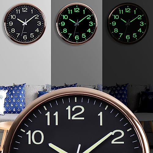 NESIFEE Glow in The Dark Wall Clock, 12 Inch Night Light Wall Clock Silent Non-Ticking, Battery Operated Wall Clocks for Living Room Kitchen Office Bedroom, Rose Gold