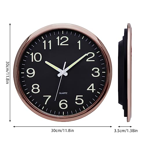 NESIFEE Glow in The Dark Wall Clock, 12 Inch Night Light Wall Clock Silent Non-Ticking, Battery Operated Wall Clocks for Living Room Kitchen Office Bedroom, Rose Gold