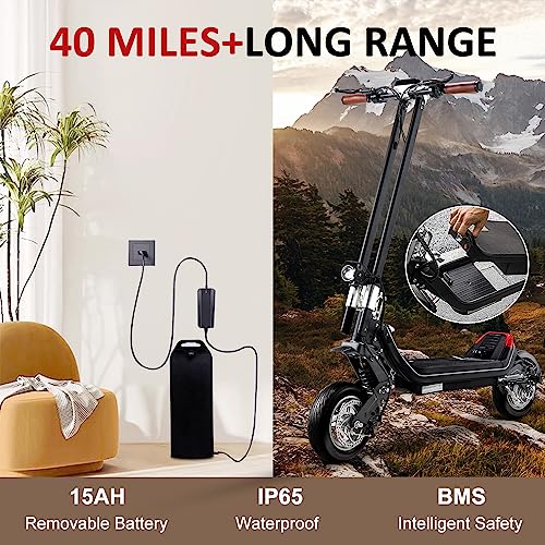 Riding'times Dual Motor Electric Scooter with Smart APP - 2400W Brushless Hub Motor, 20Ah Removable Battery Up to 37Mph & 60 Miles, 11" Knotty Tire Off Road All Terrain Electric Scooter (1200W, 15AH)