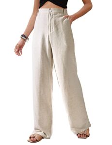 heekpek linen pants for women high waisted trousers straight wide leg flowy pant casual button up summer beach pants beige