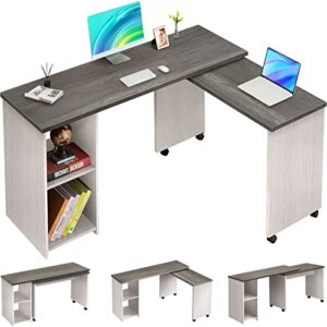 DOSLEEPS L Shaped Desk with Storage 360° Rotating Computer Desk, Modern Wood Entryway Console Table, Home Office Desk,Grey & White.