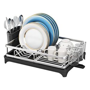 dish drying rack, aluminum alloy dish racks for kitchen counter, multifunctional compact auto-drain dish drainers with a cutlery holder, drying rack for dishes, knives, spoons, and forks