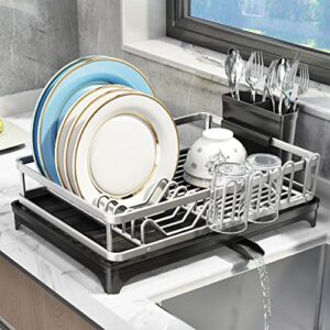 Dish Drying Rack, Aluminum Alloy Dish Racks for Kitchen Counter, Multifunctional Compact Auto-Drain Dish Drainers with a Cutlery Holder, Drying Rack for Dishes, Knives, Spoons, and Forks