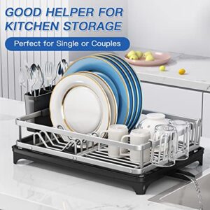 Dish Drying Rack, Aluminum Alloy Dish Racks for Kitchen Counter, Multifunctional Compact Auto-Drain Dish Drainers with a Cutlery Holder, Drying Rack for Dishes, Knives, Spoons, and Forks