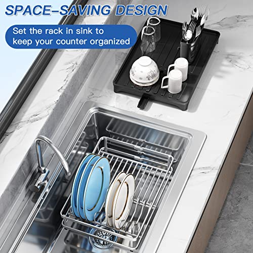 Dish Drying Rack, Aluminum Alloy Dish Racks for Kitchen Counter, Multifunctional Compact Auto-Drain Dish Drainers with a Cutlery Holder, Drying Rack for Dishes, Knives, Spoons, and Forks