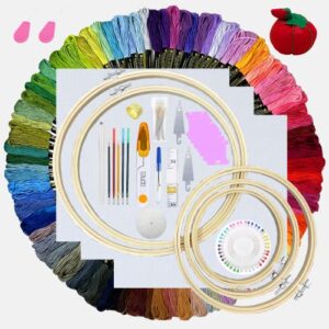 oneshaw embroidery kit with pattern for beginners, 10 pack cross stitch kit, embroidery hoops,scissors,needles and color threads,needlepoint kit for adults kids (100 colors threads kits)
