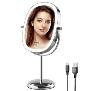 eapudun 9" makeup mirror with lights, 84 premium led beads lighted rechargeable makeup mirror with 3 colors modes brightness adjustable, 1x/7x magnifying mirror with 360° rotation - chrome