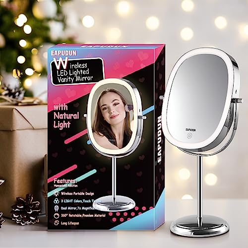 EAPUDUN 9" Makeup Mirror with Lights, 84 Premium LED Beads Lighted Rechargeable Makeup Mirror with 3 Colors Modes Brightness Adjustable, 1X/7X Magnifying Mirror with 360° Rotation - Chrome