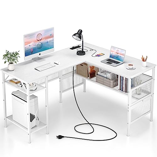 Mr IRONSTONE L Shaped Desk with Power Outlet, Computer Desk with Storage Shelves, Gaming Desk with USB Charging Port, Home Office Corner Desk, L-Shaped Office Desk for Studying/Writing/Gaming - White