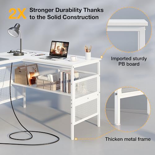 Mr IRONSTONE L Shaped Desk with Power Outlet, Computer Desk with Storage Shelves, Gaming Desk with USB Charging Port, Home Office Corner Desk, L-Shaped Office Desk for Studying/Writing/Gaming - White