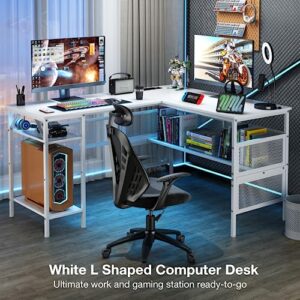 Mr IRONSTONE L Shaped Desk with Power Outlet, Computer Desk with Storage Shelves, Gaming Desk with USB Charging Port, Home Office Corner Desk, L-Shaped Office Desk for Studying/Writing/Gaming - White