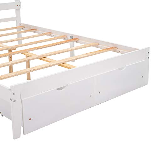 LCH Queen Size Murphy Bed with Storage Drawer and Little Shelves on Each Side, Solid Wood Queen Platform Bed Frame for Kids Teens Adults, No Box Spring Needed (White)