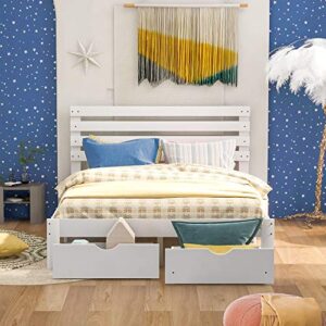 LCH Queen Size Murphy Bed with Storage Drawer and Little Shelves on Each Side, Solid Wood Queen Platform Bed Frame for Kids Teens Adults, No Box Spring Needed (White)