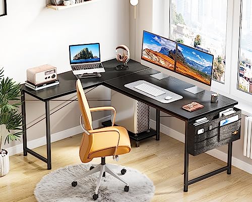 ODK L Shaped Desk with Storage Bag - 50 Inch Home Office Desk with Host Stand, Black Reversible Computer Corner Desk for Bedroom Studio, Modern PC Gaming Desk for Study Writing