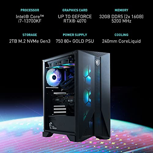 MSI Aegis RS Gaming Desktop: Intel Core i7-13700KF, RTX 4070, 32GB DDR5, 2TB M.2 NVMe, Liquid Cooling, WiFi 6E, Keyboard & Mouse, DIY Friendly, Windows 11 Home-Adv: 13NUE-450US,Black