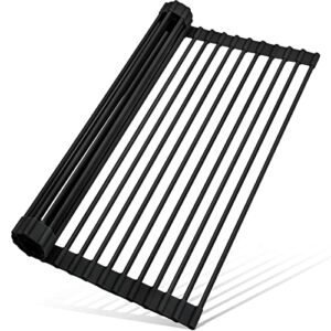 merrybox roll up dish drying rack, silicone wrapped over the sink dish rack foldable dish drainer anti-slip dish racks for kitchen counter, multipurpose kitchen sink drying rack, 18" x 13", black