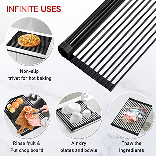 MERRYBOX Roll Up Dish Drying Rack, Silicone Wrapped Over The Sink Dish Rack Foldable Dish Drainer Anti-Slip Dish Racks for Kitchen Counter, Multipurpose Kitchen Sink Drying Rack, 18" x 13", Black