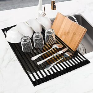 MERRYBOX Roll Up Dish Drying Rack, Silicone Wrapped Over The Sink Dish Rack Foldable Dish Drainer Anti-Slip Dish Racks for Kitchen Counter, Multipurpose Kitchen Sink Drying Rack, 18" x 13", Black